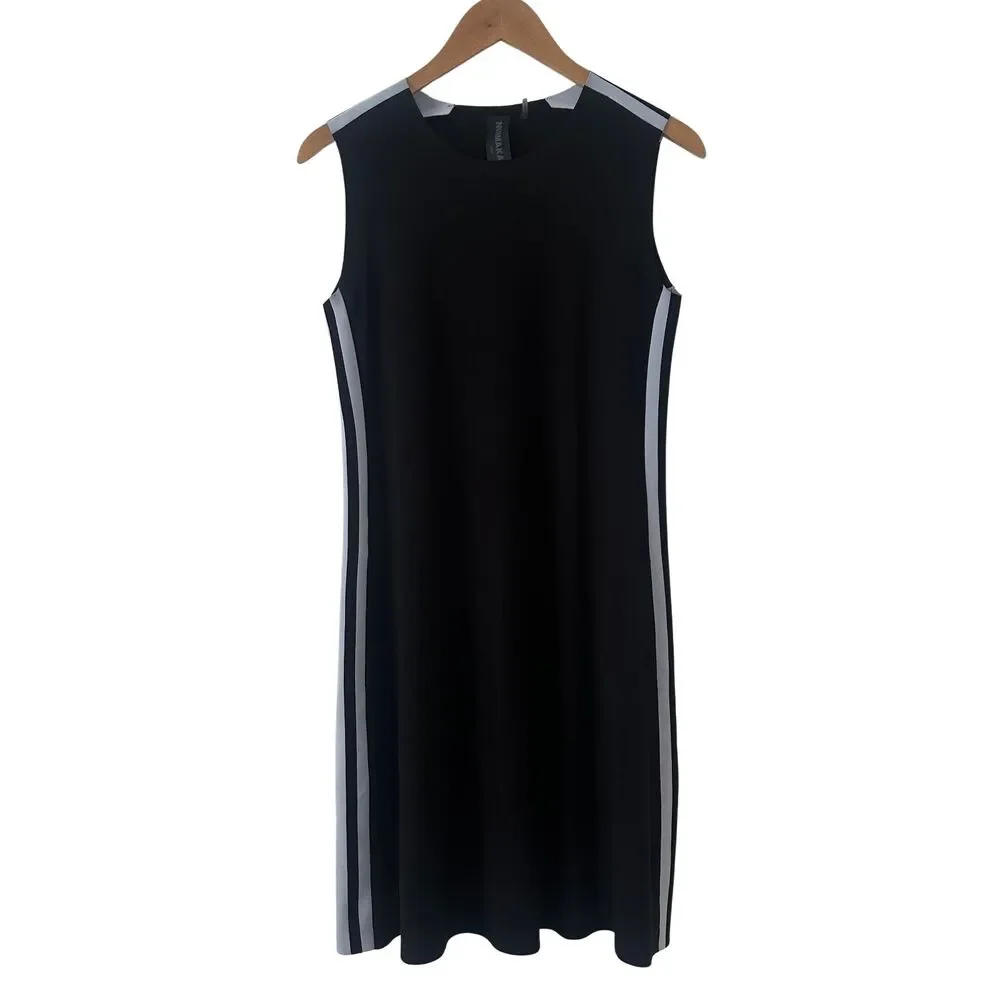Norma Kamali Side Stripe Sleeveless Swing Dress Black White Stripe S Small